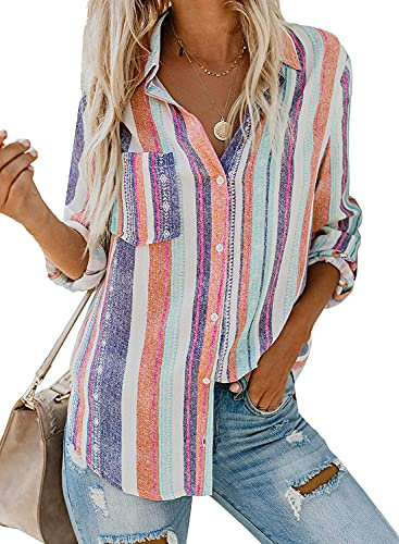 Breampot Womens Summer Blouses Casual Striped V Neck Tunic Tops Long Sleeve Button Down Shirts(01Red,Large)
