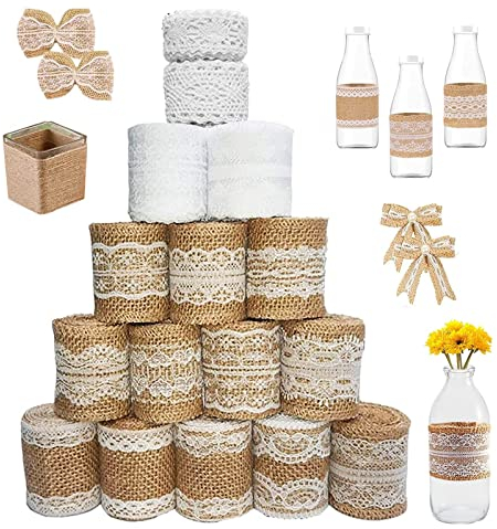 16 Roll Juteband Spitzenband(12 Rollen Juteband mit Spitze + 4 Rollen Spitzenband weiß Vintag), Bastelband, Natürliche Jute Bänder für Geschenkverpackung Hochzeit DIY Basteln