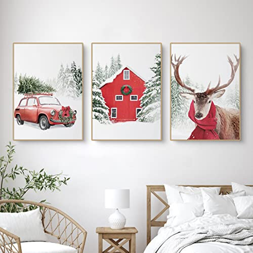 Martin Kench 3er Weihnachts-Poster Set, Winter-Schneelandschaft Bilder, Elch, Holzhaus, Wald Wandkunst Wandbilder Modern Wanddeko für Wohnkultur, ohne Rahmen (D,50x70cm)