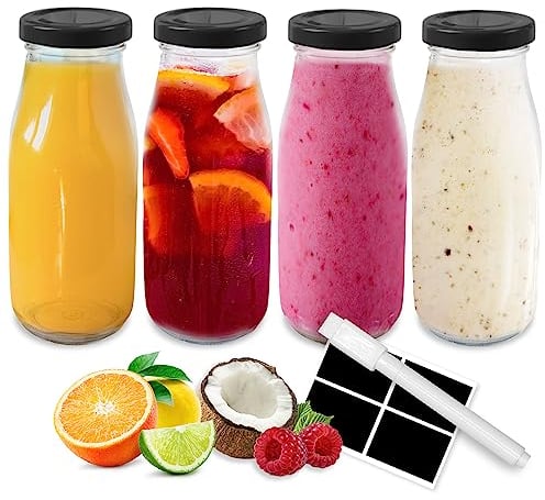 volila Glass Milk Bottles with Lids - 4 Pack x 250ml Glass Bottles with Lids, Labels, and Pen - Reusable Milk Bottle for Juices, Dressings, Sauces, Beverages, Decoration and Storage (Black Lid)