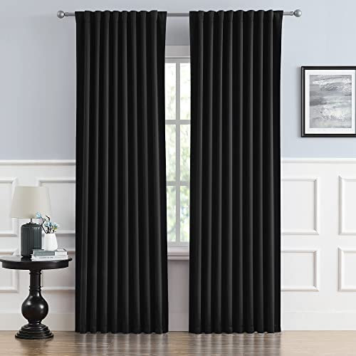 DUALIFE Black Out Curtain Panels Tab Back and Rod Pocket, Sundproof Thermal Insulated Long Black Solid Curtains/Drapes for Sliding Glass Door Hall/Dining Room, 52 Wide by 90 Inches Long, Set of 2