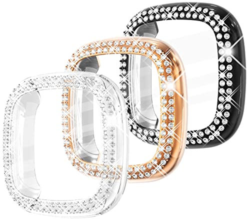 Fullife 3-Pack TPU Bumper für Fitbit Versa 4 Displayschutzfolie, Crystal Diamond Bling Case HD Vollständige Schutzhülle für Männer Frauen, Fitbit Versa 4/Fitbit Sense 2 Smartwatch,