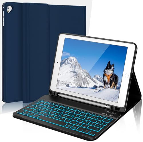 AVNICUD Clavier pour iPad 9.7, iPad 6ème/5ème Génération 2018/2017, iPad Air 2/1, Étui Clavier pour iPad Pro 9.7 AZERTY Français Amovible Coque Clavier avec Rétroéclairé, Bleu foncé
