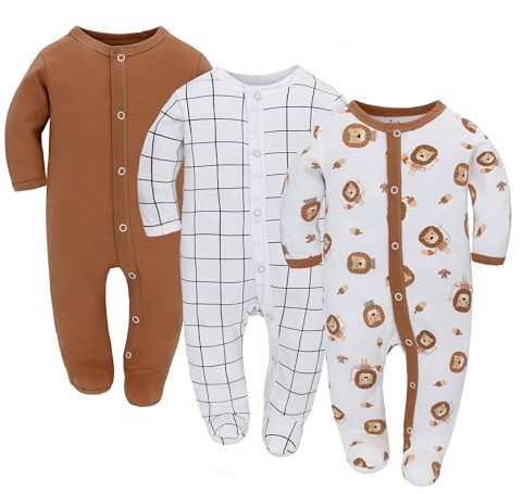 3PCS Baby Schlafstrampler Babychlafanzug Babyschlafsack Baumwolle mit Füßen mit knöpfen Gr. 56 62 68 für Junge Mädchen Neugborenen (Löwe, 62)