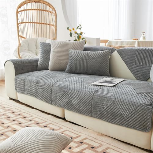 LINGKY Samt Sofabezug Ecksofa l Form Sofa Überzug Couchbezug Sofa/Couch Wurfdecke Eckcouch 3/2/1 Sitzer Sofaschutz Sofaüberwurfe Sofaschoner Sofabezüge rutschfest Hund Katze (Dunkelgrau,90x240cm)
