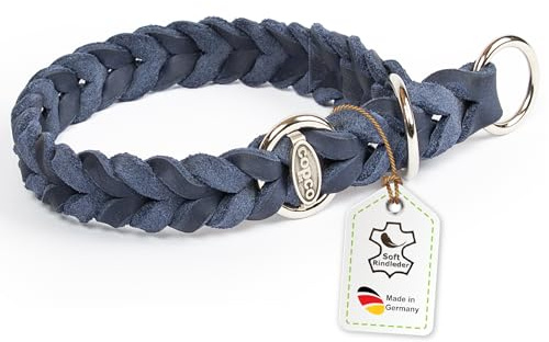 CopcoPet Hundehalsband Würger 50–55 cm x 25mm Marineblau – Geflochtenes Halsband mit Zugstopp & verchromtem Ring – Aus robustem Fettleder – Für große Hunde – Weiches Lederhalsband fürs Training