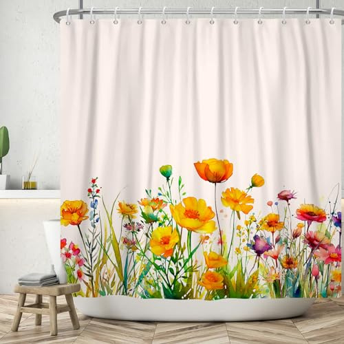 ASDCXZ Rideau de Douche Fleurs 180x180 cm, Aquarelle de Printemps Jaune Violet Rouge Fleurs colorées Feuilles Vertes Rideaux Douche de Lavables Rideau Douche imperméable en Textile de Polyester