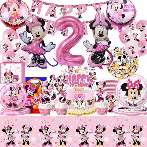 159pcs Minni Geburtstag Dekoration Set,2 Jahren Minni Gebutstag Partygeschirr,Minni Luftballon,Geburtstag Partyzubehör Set für Kindergeburtstag