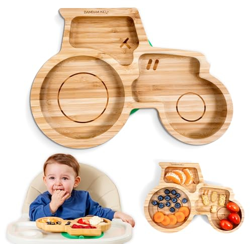 BamBamKidz Unterteilter Saugnapfteller aus Bambus für Babys – Teller für Kleinkinder mit starkem Saugnapf – ungiftig, komplett aus natürlichen, umweltfreundlichen Materialien – Traktor