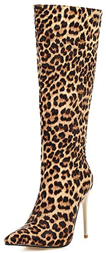 MJIASIAWA Eleganti Tacco A Spillo Donna Stivali Alti Sposa Eleganti Vernice Appuntito Inverno Festa Warm Booty Slouchy Leopard Numero 38 EU/39 Asiatico