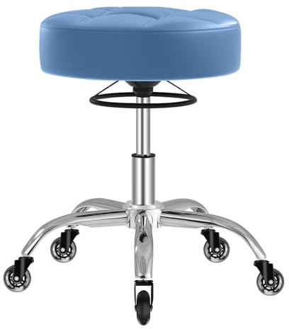 Rollhocker,Hocker höhenverstellbar mit ringheber,Dicker Schaumstoff für weichen Komfort,Stuhl mit rollen 360°,Arbeitshocker bis 180 kg belastbar, Drehhocker für Salon Spa und Haushalt (Blau)