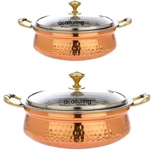 Pentola Handi/pentola in acciaio inox ramato, con coperchio in vetro temperato e pomello in ottone con manici, ideale per servire cibo a casa/ristorante/hotel, 300 ml (confezione da 2)