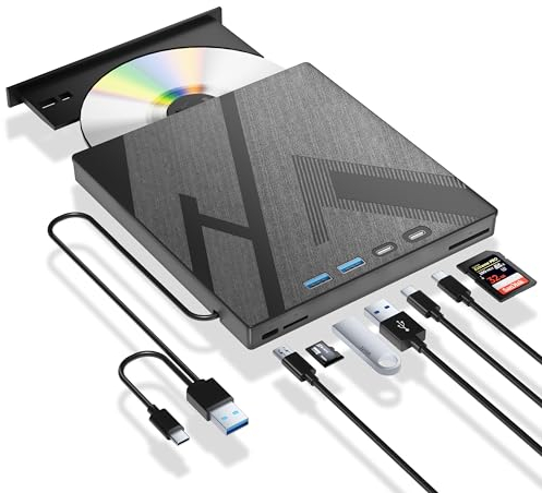 7 in 1 Externes DVD-Laufwerk, Externes CD/DVD-Laufwerk für Laptop mit SD/TF-Anschluss, CD-Brenner DVD-Player DVD-Brenner USB 3.0/Typ C, CD Rom Externes Laufwerk CD-Laufwerk für PC Laptop Windows Linux