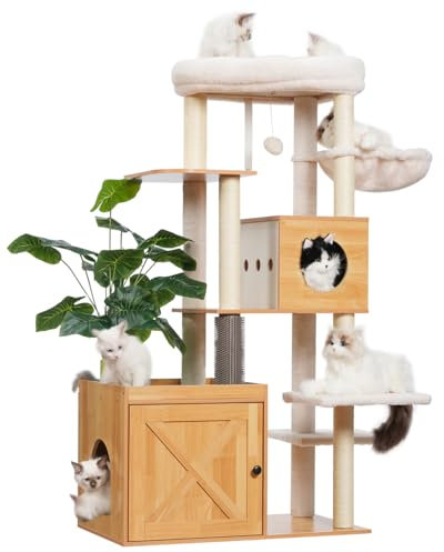 Gitelsnour Cat Tree with Litter Box Enclosure, Large Wooden Cat Tower Cat Condo for Indoor Cats with Play Garden (Leaf, Lawn, Hair Rubbers), Modern Cat House, Walnut GCT110WB