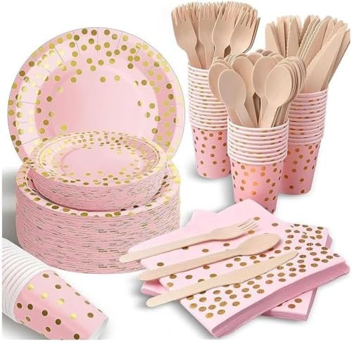 350 Pcs Pink and Gold Party Supplies Set - Paper Plates Napkins Cups Forks Knives Spoons for Birthday Baby Bridal Shower Wedding Graduation, Severs 50