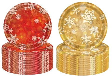 64P Gold and Red Christmas Plates,Red Snowflake Disposable Paper Plates 7 Inch Christmas Paper Dinner Plate Tableware Party Plate for Birthday Party PlateBBQs,Picnic,Snowflake Partys PlateSupplies