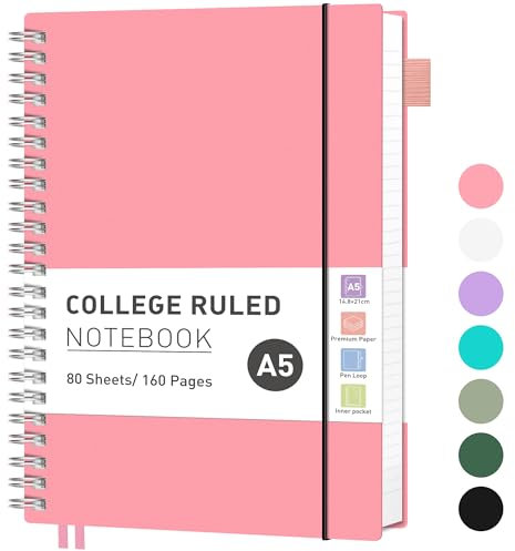 RETTACY A5 Notebook, Journals for Women Lined,Wirebound Spiral Notebook 160 Pages for Writing,100gsm College-Ruled Paper, PVC Pocket,Pen Loop, Ruler, Bookmark,14.5 x 20.7cm- Pink