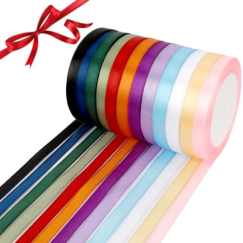 Nastro Regalo 12 Rotoli 10mmx22m - Raso Natalizio per Pacchi Regalo - Rosso, Rosa, Oro, Verde Salvia - Decorativo