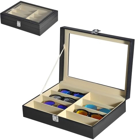 MAGIC SELECT Scatola per Occhiali. Espositore di Occhiali a 8 Scomparti con Coperchio in Vetro Trasparente, Chiusura con Chiave, Cassetto e Morbida Fodera Interna.