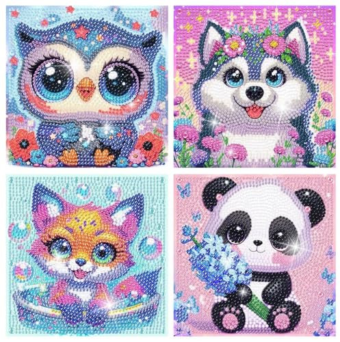 HecticCore Kit Diamond Painting pour Enfants 4 Pièces,DIY 5D Peinture Diamant Animaux,peinture au diamant de dessin animé,Cadeau Créatif pour Filles,Décoration Murale(15x15cm (3)