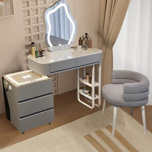 Schminktisch Mit Spiegel Und Beleuchtung, Kommode Schlafzimmer Kosmetiktisc Mit 5 Schubladen und Gepolsterter Hocker (Schminktisch-Set (Weiß))