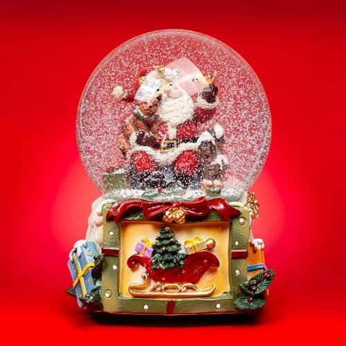 SIKORA SK21 Große Glas Deko Schneekugel Weihnachtsmann mit Katze und Vogel D:100 mm mit Spieldose