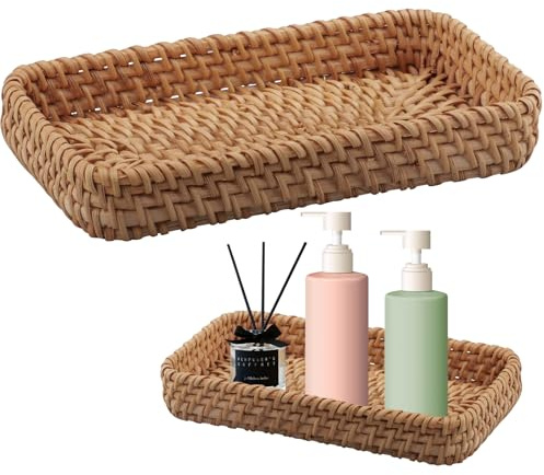 wocpvm Rectangular Vasoio de Bambú Trenzado Pequeño Bandeja de Baño Almacenaje Decorativas Bandeja Perfumes Velas Rectangular para Cocina,Baño,Dormitorio (21x11x3.5cm)