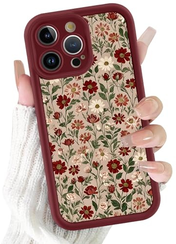 Xylota Funda para iPhone 13 Pro MAX 6,7, Aesthetic Flores Dibujos Carcasa Mujer Niñas Case, Suave Silicona TPU Bumper Antichoque Antiarañazos Protección Cover para iPhone 13 Pro MAX, Rojo
