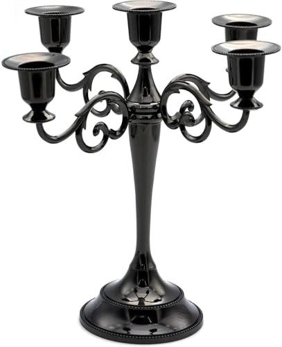 JEVIMORY Black Candelabra Candle Holders for Pillar Candles 10.6 inch Tall, 5 Candle Candlestick Holder for 1/2-1 inch Taper Candles Halloween Candelabra Decoration Easy Assembly (Black)