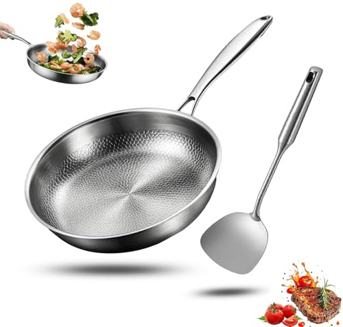 Generico Padella titanio con spatola, wok antiaderente martellato in titanio Nutrition per cucinare, non rivestita, padella Pro induzione, per cucina e campeggio (Senza Copertura, 32cm)