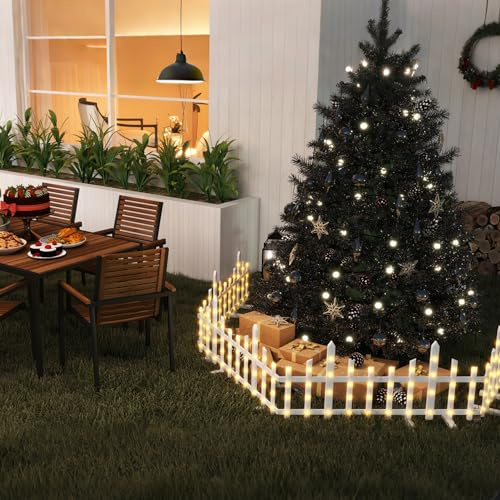 Aufun Recinzione per albero di Natale a LED, 8 pezzi, 2,8 m, illuminata da giardino, luci paesaggistiche natalizie, recinzione decorativa in plastica bianca per bambini, animali domestici, casa, fiore