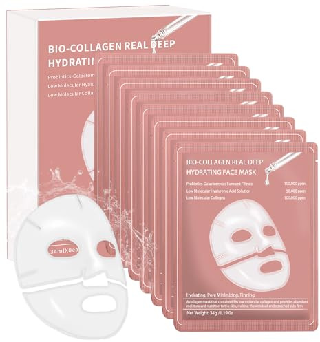 8 Piezas Bio Collagen Real Deep Mask, Mascarilla de Colageno Facial Coreana | Bio Collagen Mask, Hidratación profunda, Antiarrugas y Reafirmante, Minimiza los Poros, Mejora la Elasticidad