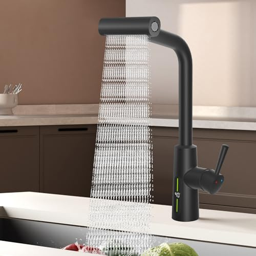 MIAOHUI Küche Armatur Ausziehbar mit Temperaturanzeige, Schwarz | 4 Modi Wasserhahn Küche Ausziehbar, Einhebel Mischbatterie mit Brause, 360°Drehbarer Hochdruck Spülarmaturen