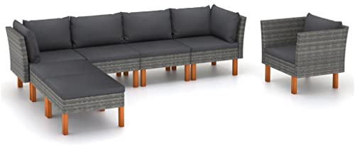 LoogCape 7-TLG. Garten-Lounge-Set, Poly Rattan & Eukalyptusholz Grau, Outdoor Sitzgruppe mit Kissen, für Terrasse, Balkon, Garten, pflegeleichtes Design