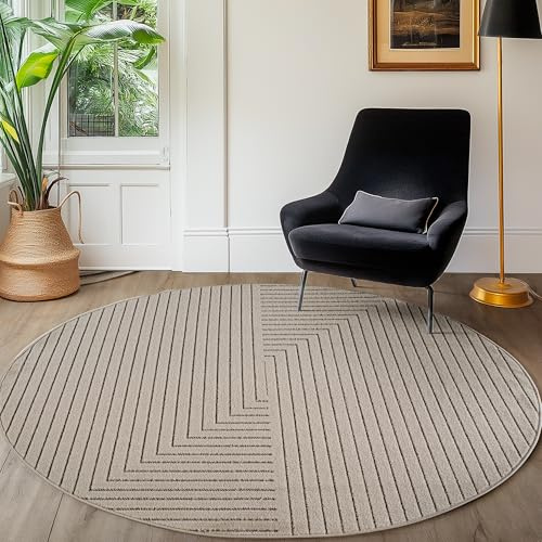 SIMPEX Kurzflor Teppich Rund 80 cm Beige, Hoch Tief Effekt 3D, Skandi Boho Design, Balkon Teppich für Küche Flur Wohnzimmer, Indoor Outdoor geeignet