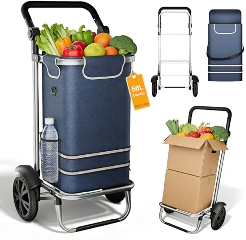 LARS360 Einkaufstrolley Faltbar mit Kühlfach 56L Einkaufswagen aus Aluminium 3 in 1 Trolley & Sackkarre & Umhängetasche 30kg Belastbar 2 Räder Treppensteiger für Einkauf Reisen Haushalt - Blau