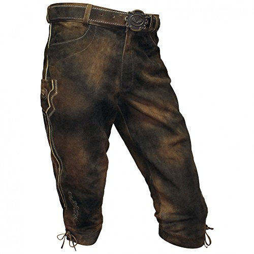 Lederhose Kniebundhose Leder braun Antik-Patina Trachtenlederhose Herren Zipp Knickerbocker Reißverschluss Wildbockleder Trachten Kniebund Wandern Hose mit Gürtel, auch für Damen, Größe:50