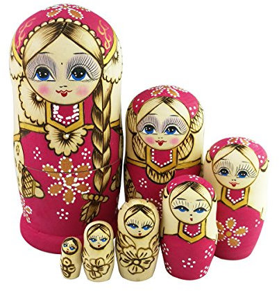 Winterworm Ensemble 7 Pcs Longues Tresses Fille Rose Matryoshka Poupées Babushka Poupée Traditionnelle Russe Nidification Poupées en Bois Empilable Jouet Enfants Cadeau