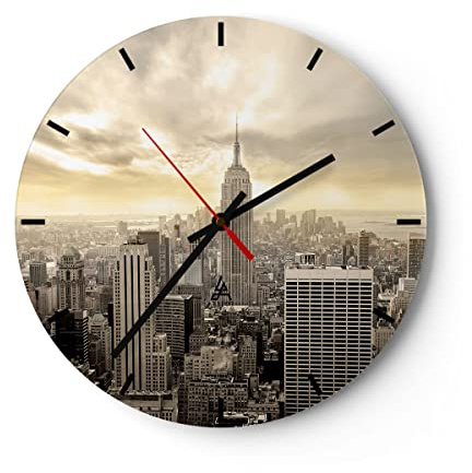 Modern Wanduhr Stadt Wolkenkratzer Manhattan New York 30x30cm Rund Klein Wand Uhr Glas Analog Zimmeruhren Küche Büro Wohnzimmer Glasuhr Wall Clock Dekoration Design Küchenuhr C3AR30x30-2630