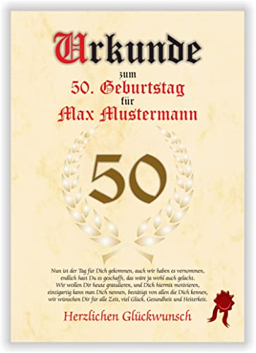 Urkunde zum 50. Geburtstag - Glückwunsch Geschenkurkunde personalisiertes Geschenk Gedicht Grußkarte Geschenkidee mit Spruch DIN A4