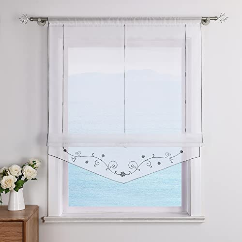 ESLIR Raffrollo mit Schlaufen Raffgardinen Gardinen Küche Transparent Schlaufenrollo Vorhänge Bestickt Modern Voile Grau BxH 60x140cm 1 Stück