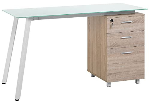 Bureau Moderne avec Rangement Intégré 130 x 60 cm Plateau Effet Verre, Corps Couleur Bois et Pieds en Métal Blanc avec 3 Tiroirs Beliani
