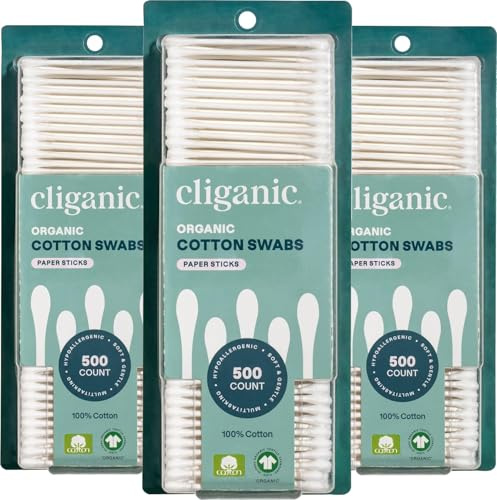 Cliganic Organic Cotton Swabs, 1500 Count - 100% Pure Natural Cotton, Chlorine-Free Hypoallergenic, Soft, Gentle & Absorbent Buds