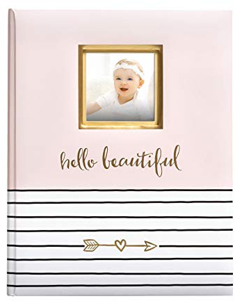 Pearhead Hello Beautiful Baby Memory Book, Milestone Journal, New Mum Gift, Newborn Baby Girl Keepsake, UK English Version, Pink