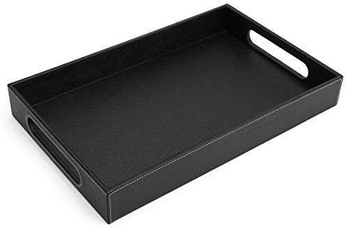 Luxspire Serviertablett Dekoplatte, PU Leder Rechteckiges Tablett mit Griffen, Schlüssel Armbanduhr Aufbewahrungstablett Kosmetik Organizer für Wohnzimmer Schlafzimmer, 38 x 24 x 5 cm - Schwarz