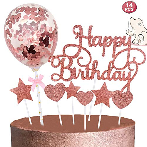 Decorazioni Torte Oro Rosa, Happy Birthday Cake Topper Stelle Cuori Topper Torta Coriandoli Palloncino Topper Cake, Glitter Cupcake Topper per Torta per Bambini Ragazzo Ragazza Compleanno Nuziale