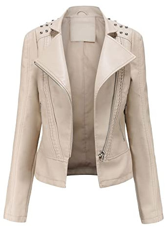 Chiodo Giacca in Pelle da Donna Giacca di Pelle con Borchie Giubbotto Biker in Ecopelle Giacca Motociclista con Cerniera Primavera Autunno Giubbino Corto in Finta Pelle Giubbotto Similpelle Beige M