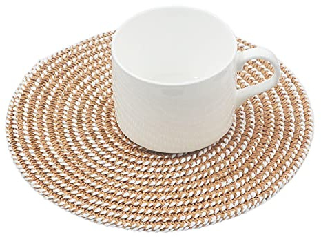 SCF2017 Round Woven Paper Straw Placemats 18cm Small Table Mats Coasters Set of 6,Khaki