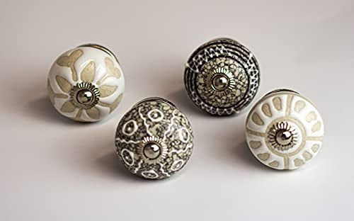 youngschwinnDESIGN - 4er Pack Möbelknöpfe aus Keramik, weiß und grau | Durchmesser: 40mm | Schrankknopf, Schubladenknopf | Incl. Schrauben | shabby chic | vintage