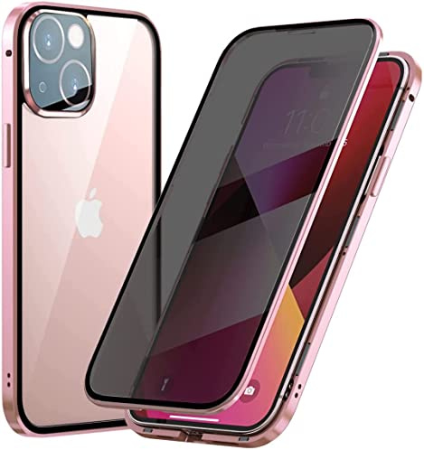 Hkess Anti-Peep Magnetic Adsorption Case for iPhone 13 Mini Anti Spy Case Anti Spy Metal Bumper Frame Case Double Sided Privacy Tempered Glass Protection Flip Anti-Glare Cover Pink